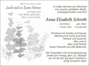 Traueranzeige von Anna Elisabeth Schrotte von Offenbach