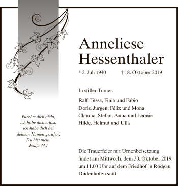 Traueranzeige von Anneliese Hessenthaler von Offenbach