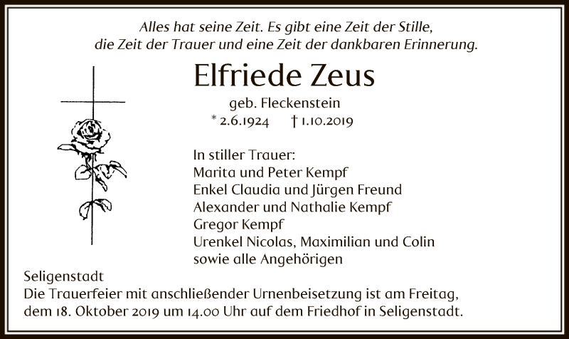  Traueranzeige für Elfriede Zeus vom 12.10.2019 aus Offenbach