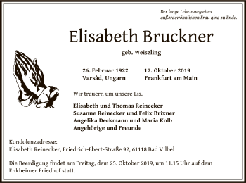 Traueranzeige von Elisabeth Bruckner von Offenbach