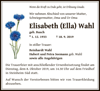 Traueranzeige von Elisabeth Wahl von Offenbach