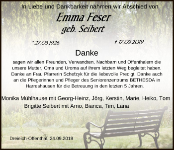 Traueranzeige von Emma Feser von Offenbach