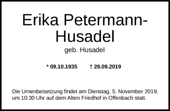 Traueranzeige von Erika Petermann-Husadel von Offenbach