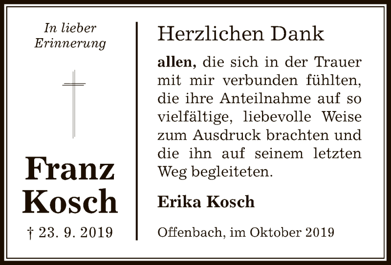  Traueranzeige für Franz Kosch vom 12.10.2019 aus Offenbach