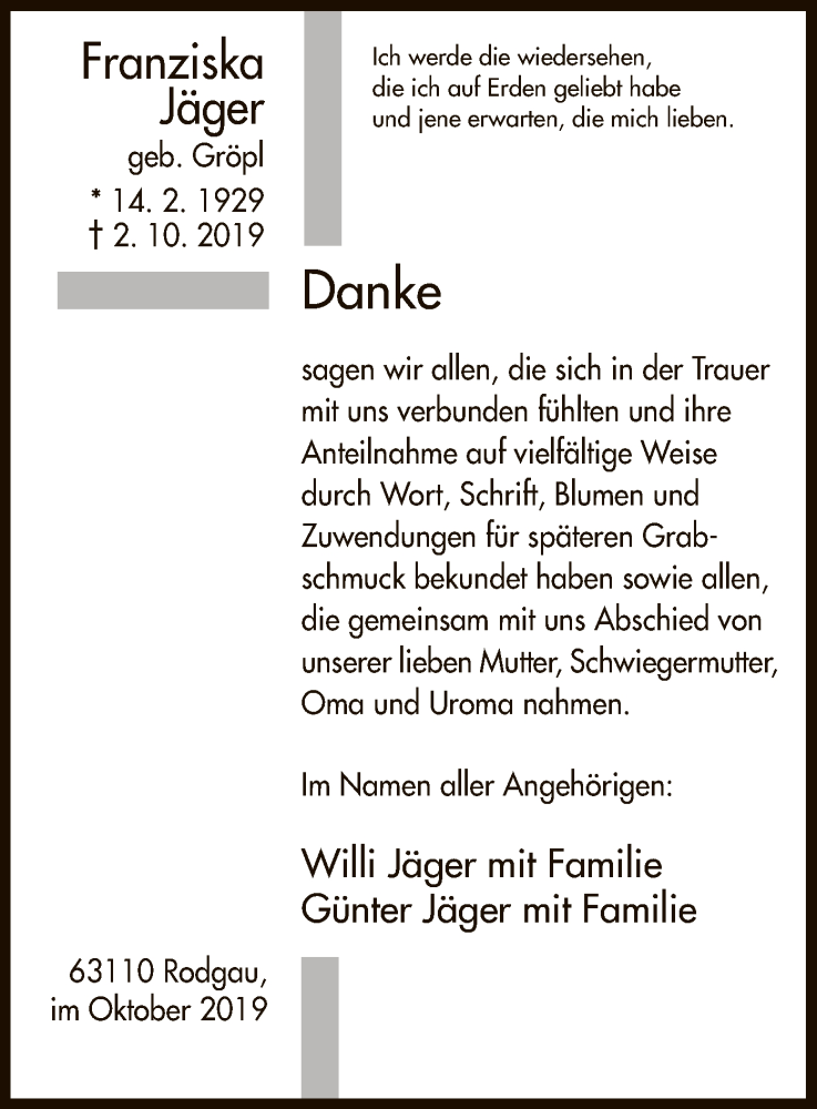  Traueranzeige für Franziska Jäger vom 26.10.2019 aus Offenbach