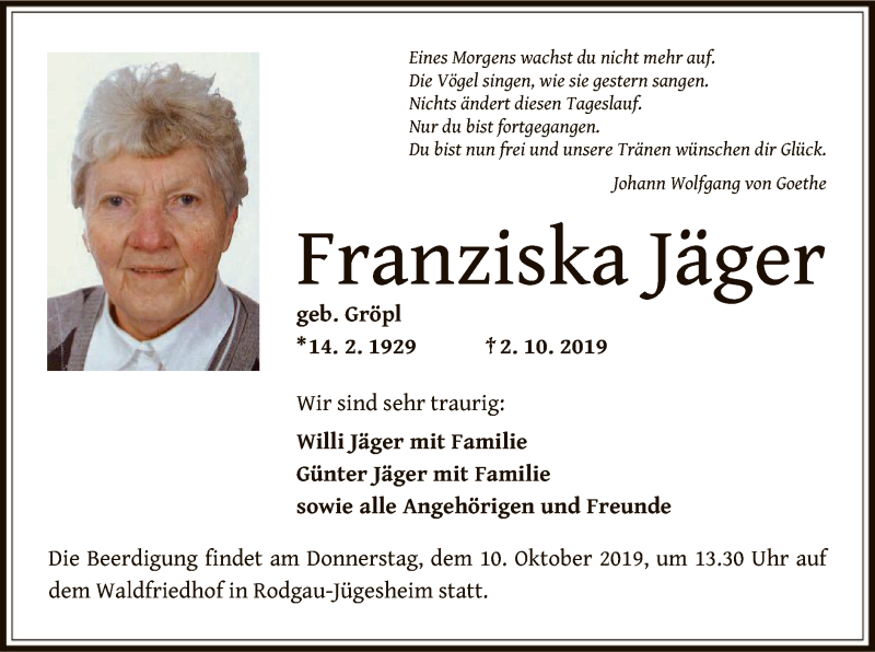  Traueranzeige für Franziska Jäger vom 10.10.2019 aus Offenbach