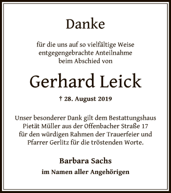 Traueranzeige von Gerhard Leick von Offenbach