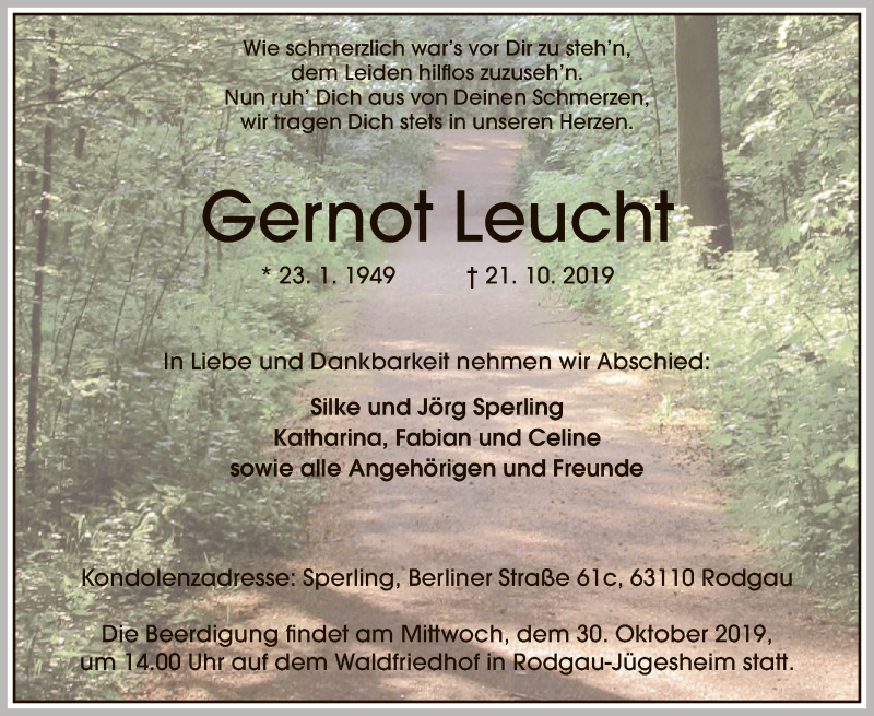  Traueranzeige für Gernot Leucht vom 26.10.2019 aus Offenbach