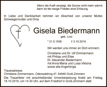 Traueranzeige von Gisela Biedermann von Offenbach