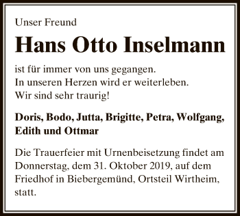 Traueranzeige von Hans Otto Inselmann von Offenbach