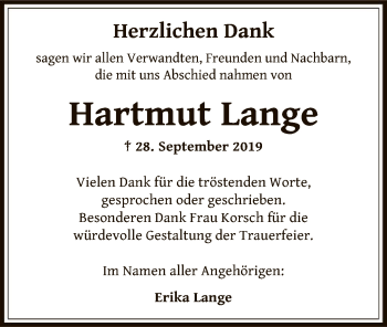 Traueranzeige von Hartmut Lange von Offenbach