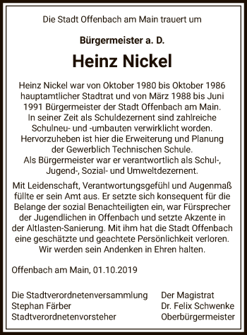 Traueranzeige von Heinz Nickel von Offenbach