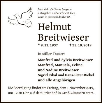 Traueranzeige von Helmut Breitwieser von Offenbach