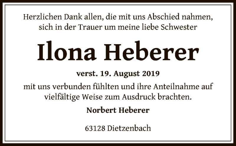  Traueranzeige für Ilona Heberer vom 03.10.2019 aus Offenbach