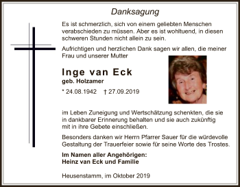 Traueranzeige von Inge van Eck von Offenbach