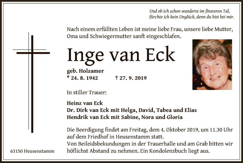  Traueranzeige für Inge van Eck vom 02.10.2019 aus Offenbach