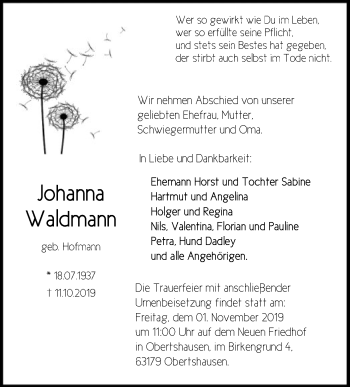 Traueranzeige von Johanna Waldmann von Offenbach