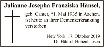 Traueranzeige von Julianne Josepha Franziska Hänsel von Offenbach