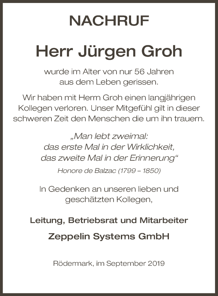  Traueranzeige für Jürgen Groh vom 26.10.2019 aus Offenbach