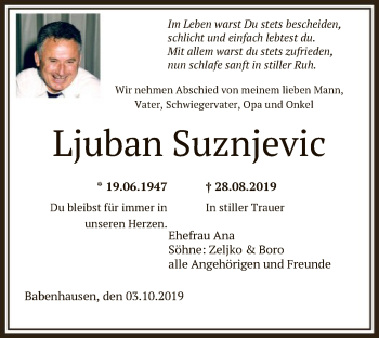 Traueranzeige von Ljuban Suznjevic von Offenbach