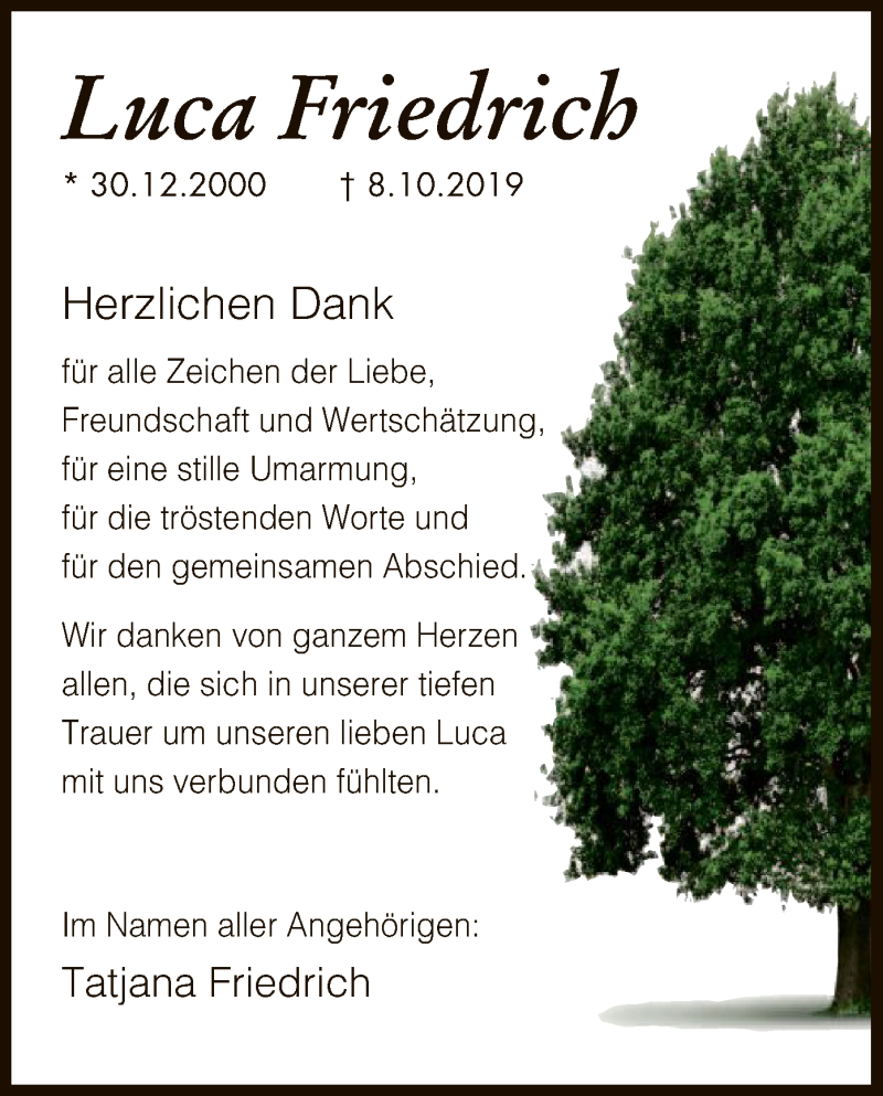  Traueranzeige für Luca Friedrich vom 26.10.2019 aus Offenbach