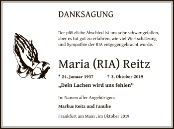 Traueranzeige von Maria Reitz von Offenbach