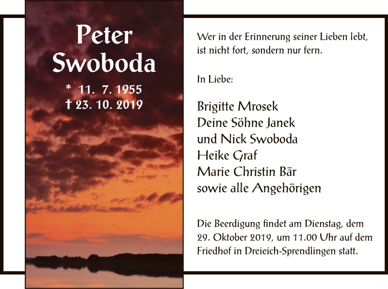  Traueranzeige für Peter Swoboda vom 26.10.2019 aus Offenbach