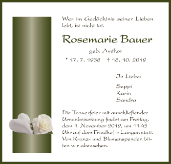 Traueranzeige von Rosemarie Bauer von Offenbach