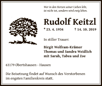 Traueranzeige von Rudolf Keitzl von Offenbach