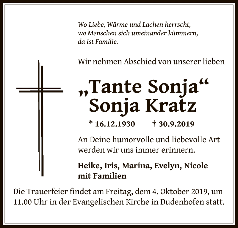  Traueranzeige für Sonja Kratz vom 02.10.2019 aus Offenbach