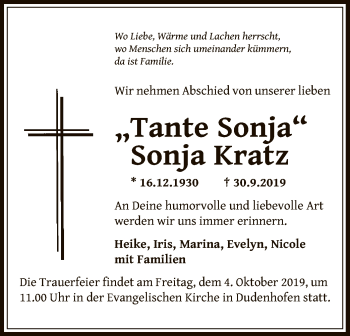 Traueranzeige von Sonja Kratz von Offenbach