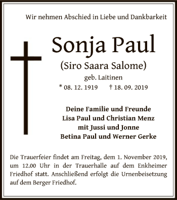 Traueranzeige von Sonja Paul von Offenbach