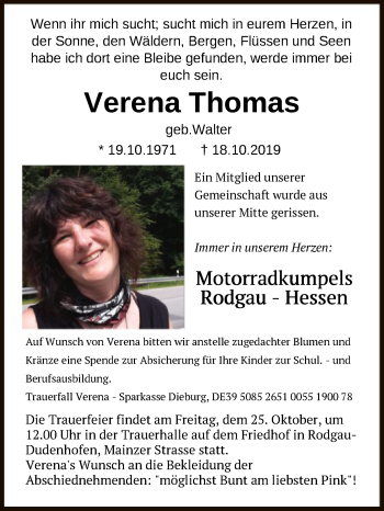 Traueranzeige von Verena Thomas von Offenbach