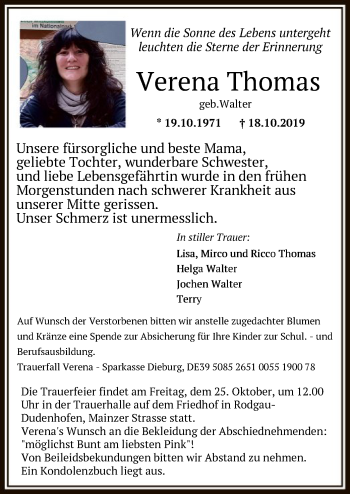 Traueranzeige von Verena Thomas von Offenbach