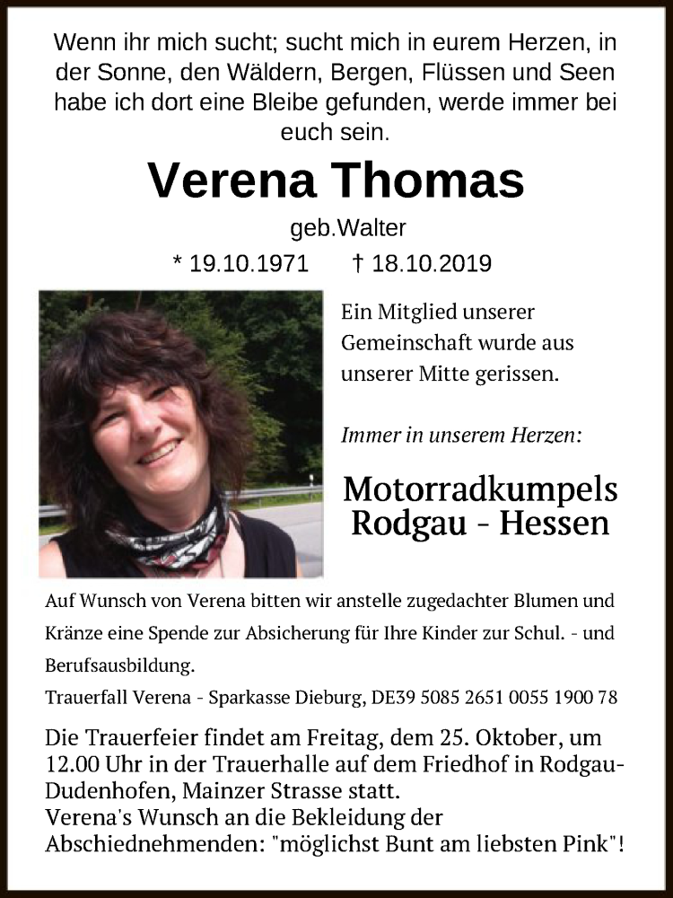  Traueranzeige für Verena Thomas vom 24.10.2019 aus Offenbach