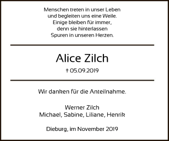 Traueranzeige von Alice Zilch von Offenbach