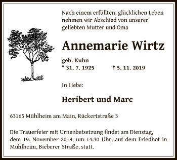 Traueranzeige von Annemarie Wirtz von Offenbach