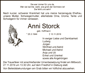 Traueranzeige von Anni Storck von Offenbach