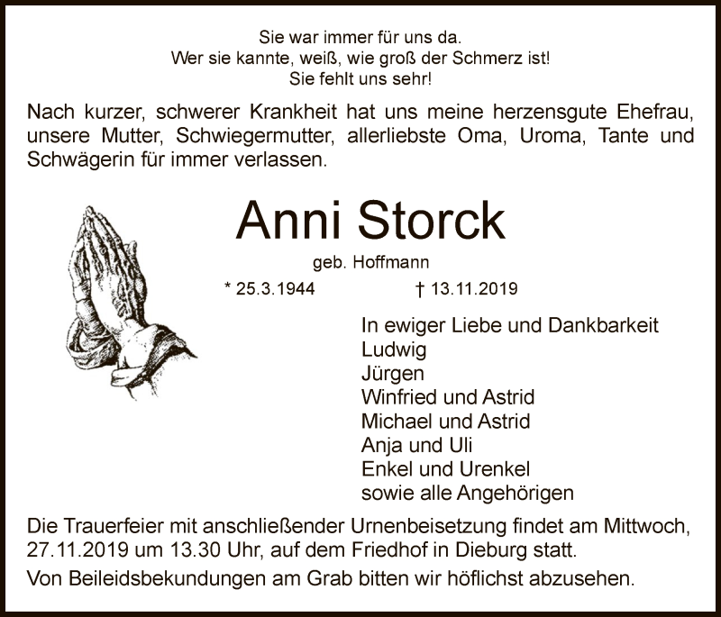  Traueranzeige für Anni Storck vom 23.11.2019 aus Offenbach