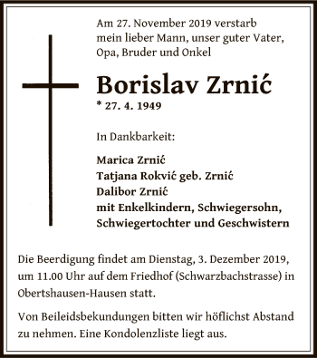 Traueranzeige von Borislav Zrnic von Offenbach