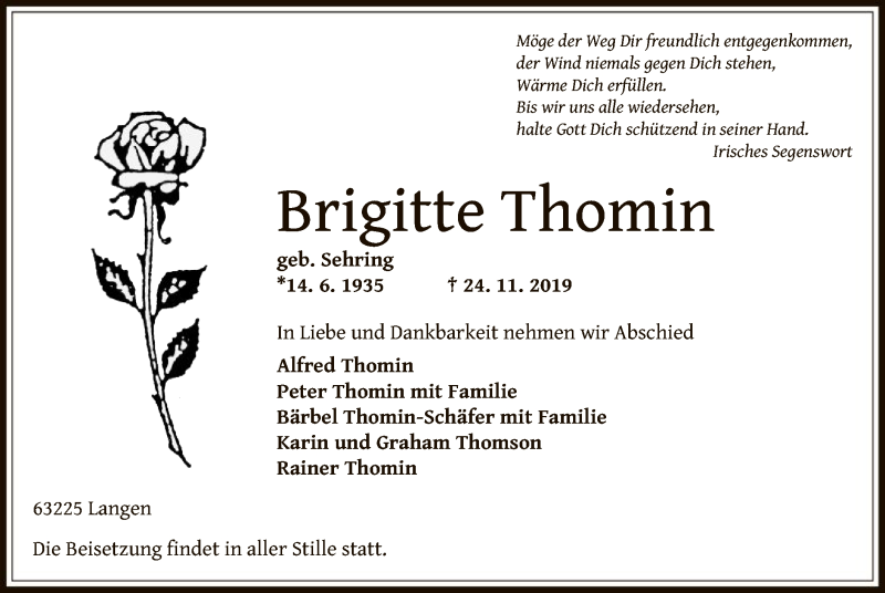  Traueranzeige für Brigitte Thomin vom 29.11.2019 aus Offenbach