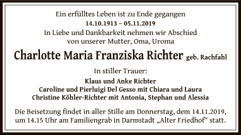 Traueranzeige von Charlotte Maria Franziska Richter von Offenbach