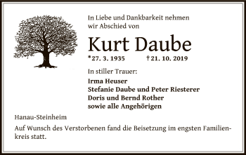 Traueranzeige von Daube Kurt von Offenbach