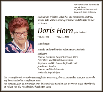 Traueranzeige von Doris Horn von Offenbach