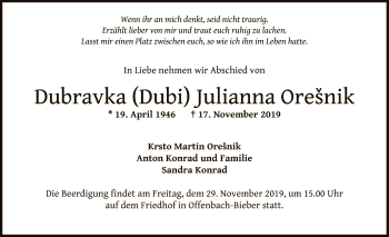 Traueranzeige von Dubravka Julianna Oresnik von Offenbach