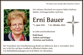 Traueranzeige von Erni Bauer von Offenbach