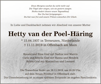 Traueranzeige von Hetty van der Poel-Häring von Offenbach