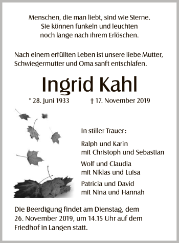 Traueranzeige von Ingrid Kahl von Offenbach