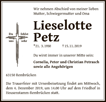 Traueranzeige von Lieselotte Petz von Offenbach