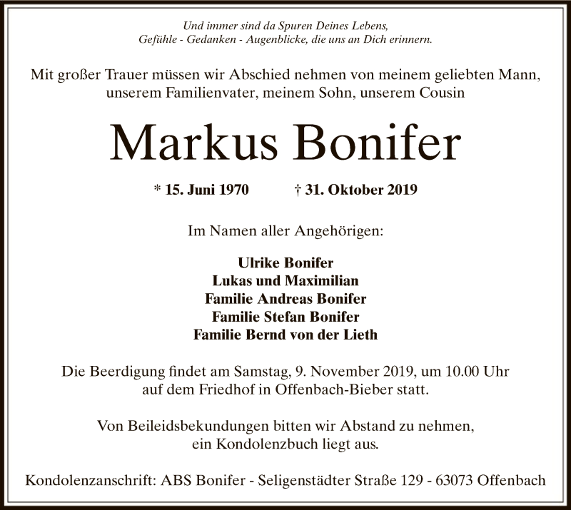  Traueranzeige für Markus Bonifer vom 06.11.2019 aus Offenbach